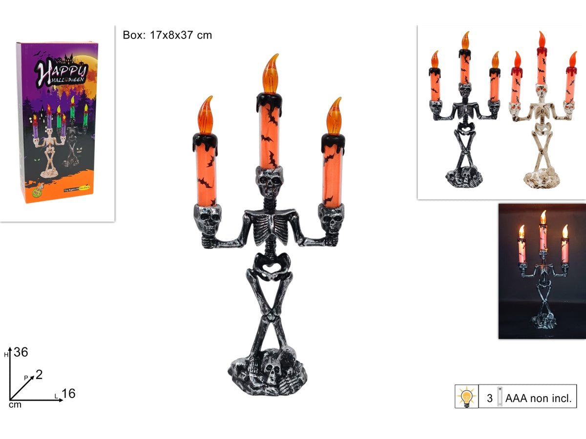 Candeliere scheletro 36cm con candele luminose in 2 colori assortiti