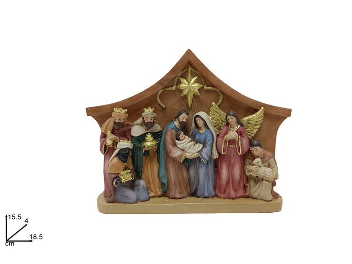 NativitÃ  in resina con capanna e decori oro 15,5xh.15,5cm
