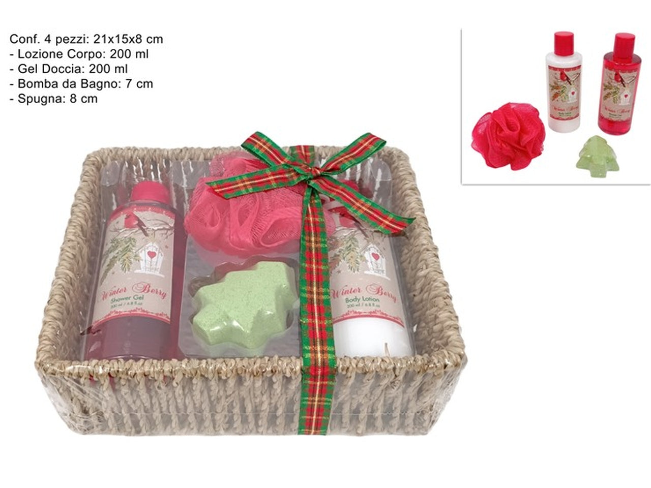 Set da bagno cesta con lozione corpo 200ml, gel doccia 200ml, bomba da bagno 7cm e spugna