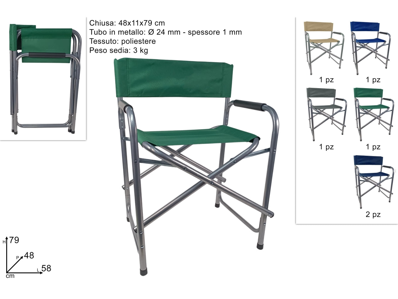 Sedia regista in poliestere tubo in metallo d.24mm in 5 colori assortiti