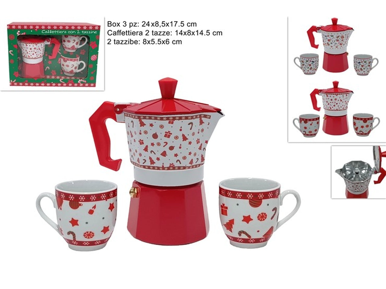 Caffettiera 2tazze con 2 tazzine fantasie assortite