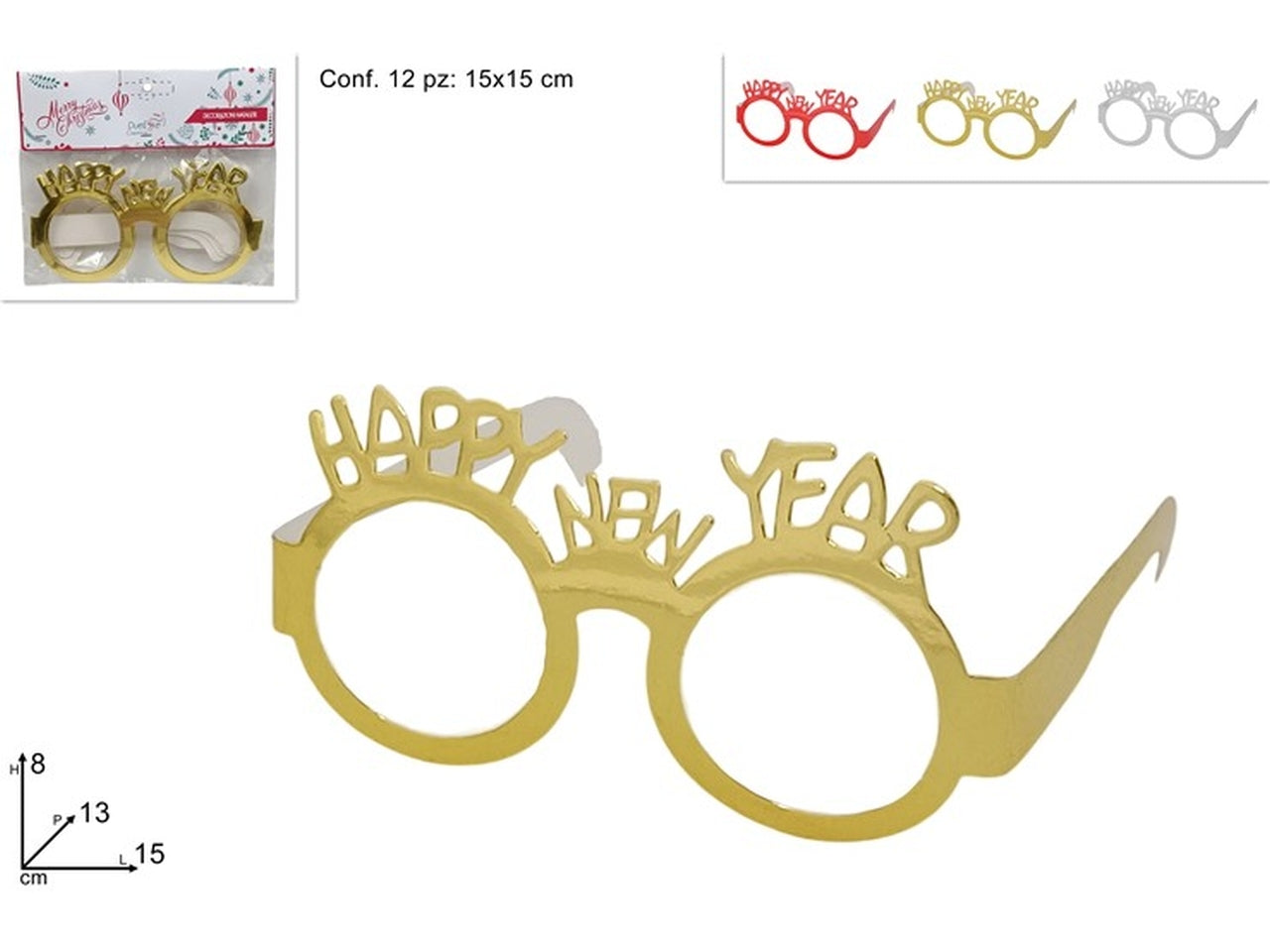Occhiali happy new year in carta in confezione da 12 pezzi colori assortiti