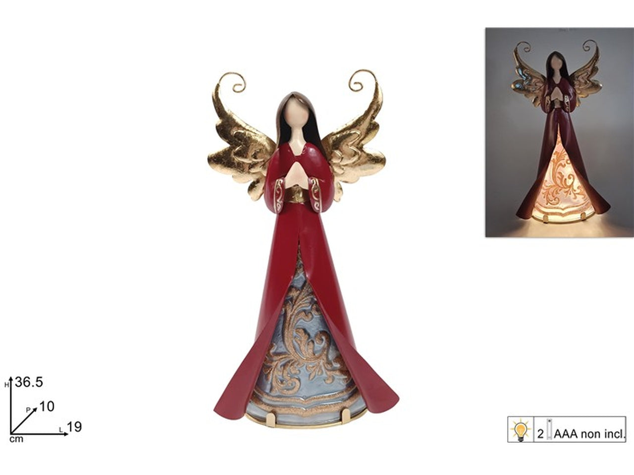 Angelo 36,5cm in latta con luce rosso e oro