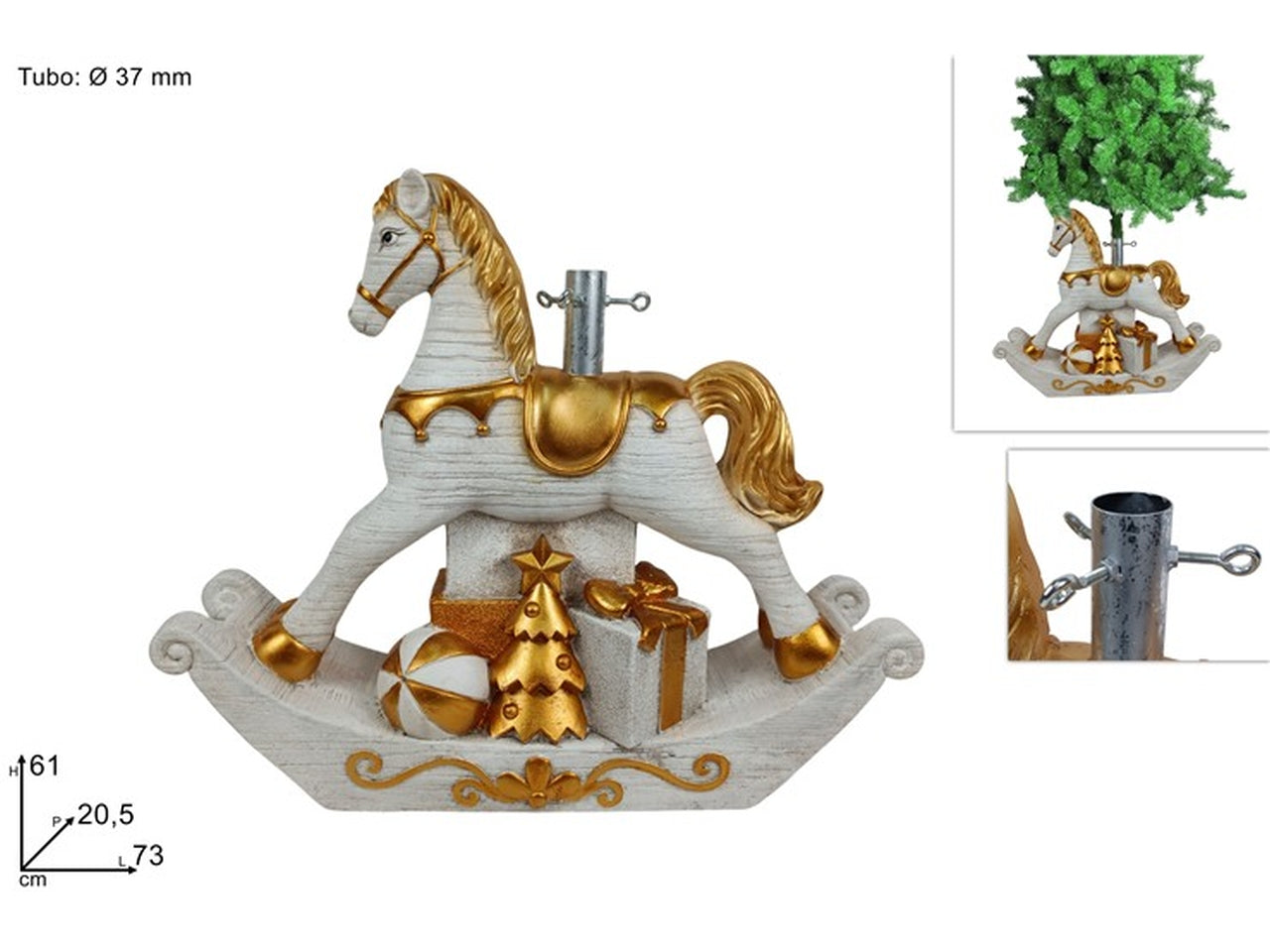 Base albero cavallo a dondolo bianco e oro 73x61cm tubo 36mm