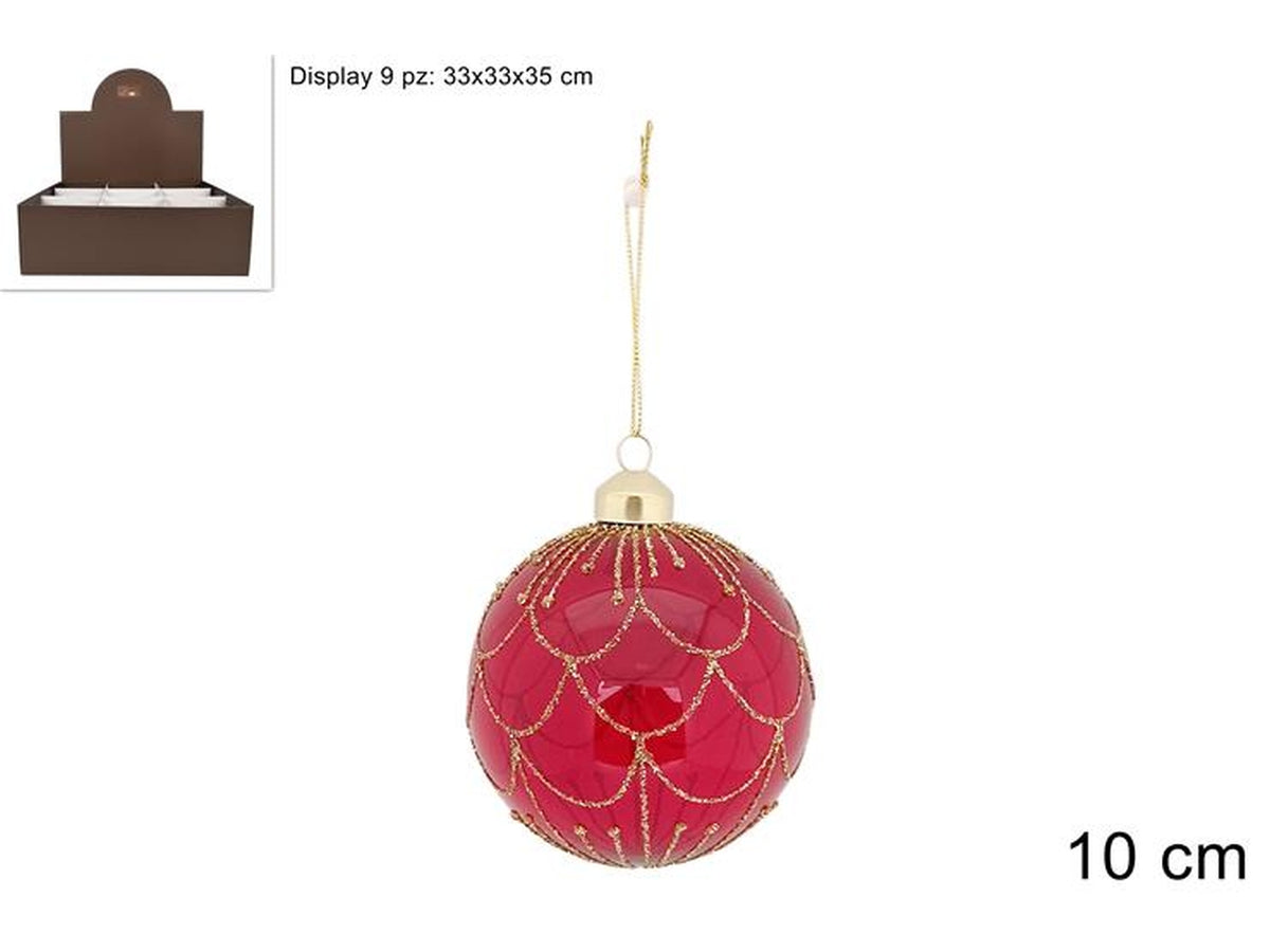 Palla in vetro 10cm rossa trasparente con decoro oro