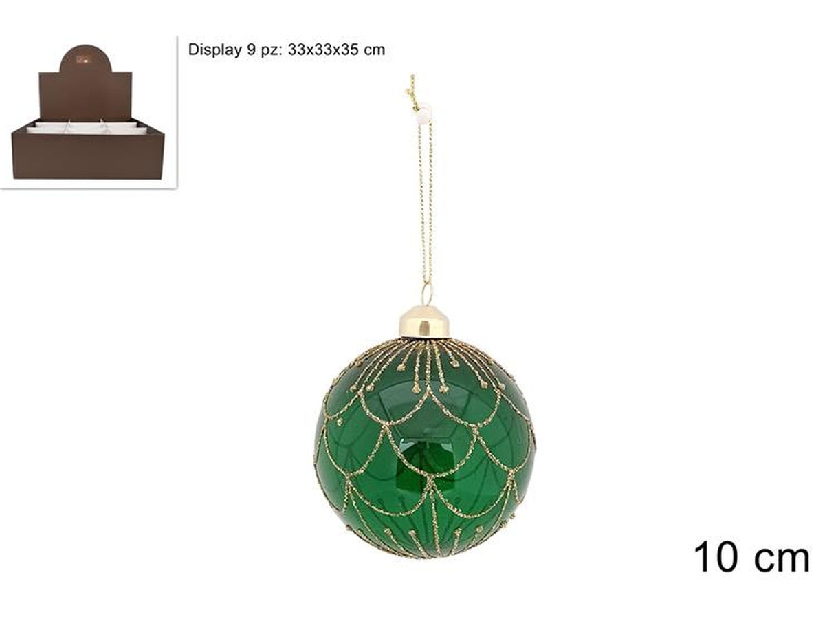 Palla in vetro10cm verde trasparente con decoro oro