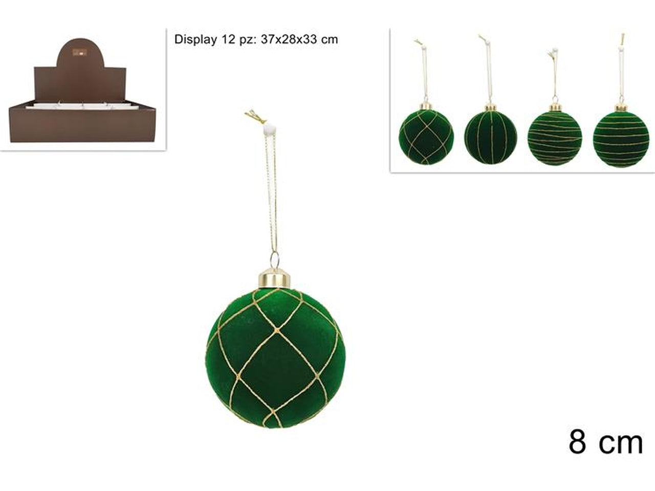 Palla in vetro 8cm floccata verde con righe oro assortite