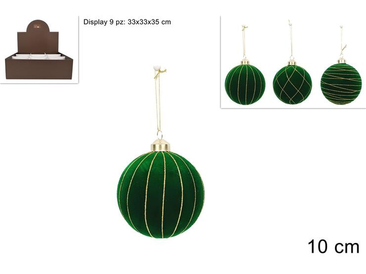 Palla in vetro10cm floccata verde con righe oro assortite