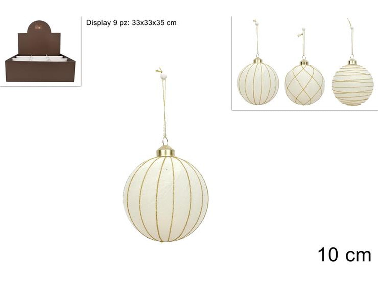 Palla in vetro 10cm floccata bianca con righe oro