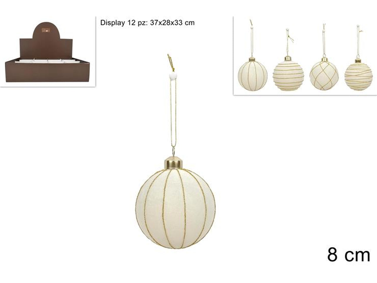 Palla in vetro 8cm floccata bianca con righe oro