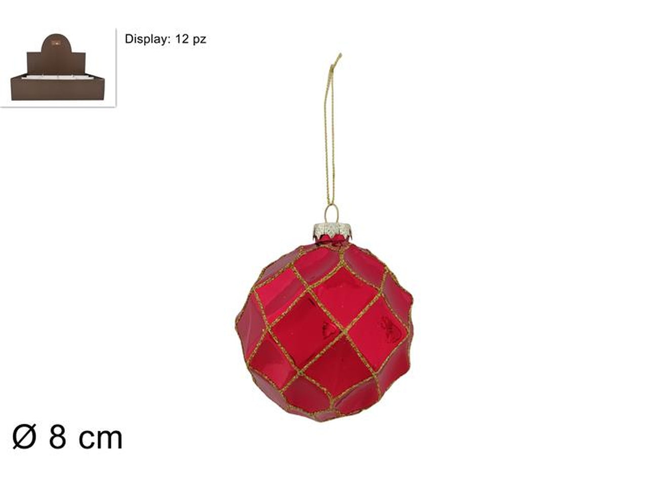 Palla in vetro 8cm rossa con rombi oro