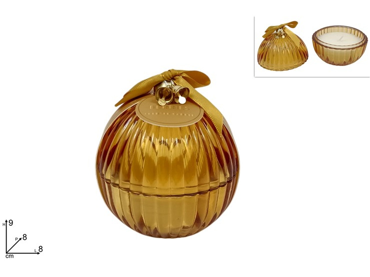 Candela profumata palla cofanetto in vetro 8cm oro