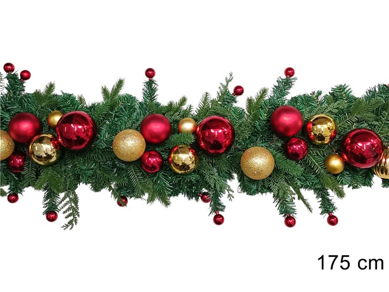 Ghirlanda 175cm verde con palle rosso e oro