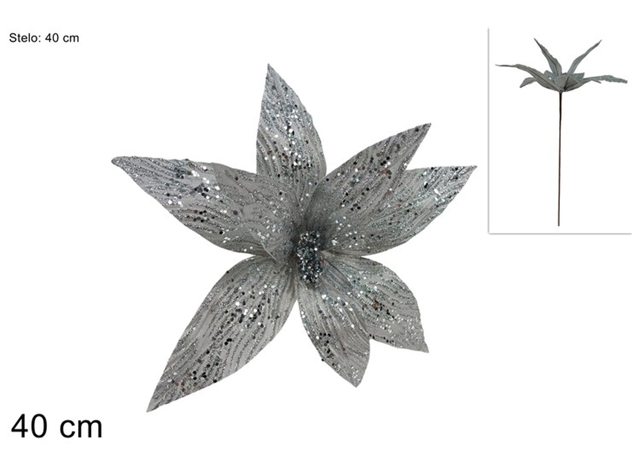 Ramo fiore glitterato 40cm silver
