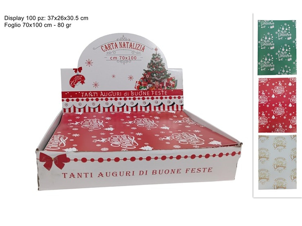 Carta regalo merry christmas 80gr 70x100 in confezione da 100 pezzi in 3 colori
