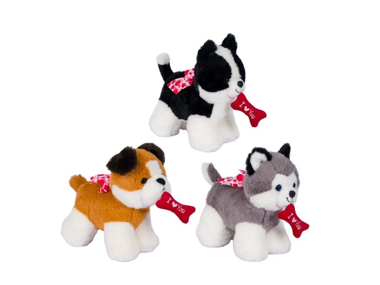 Peluche cagnolini h.20cm con osso i love you in 3 assortimenti