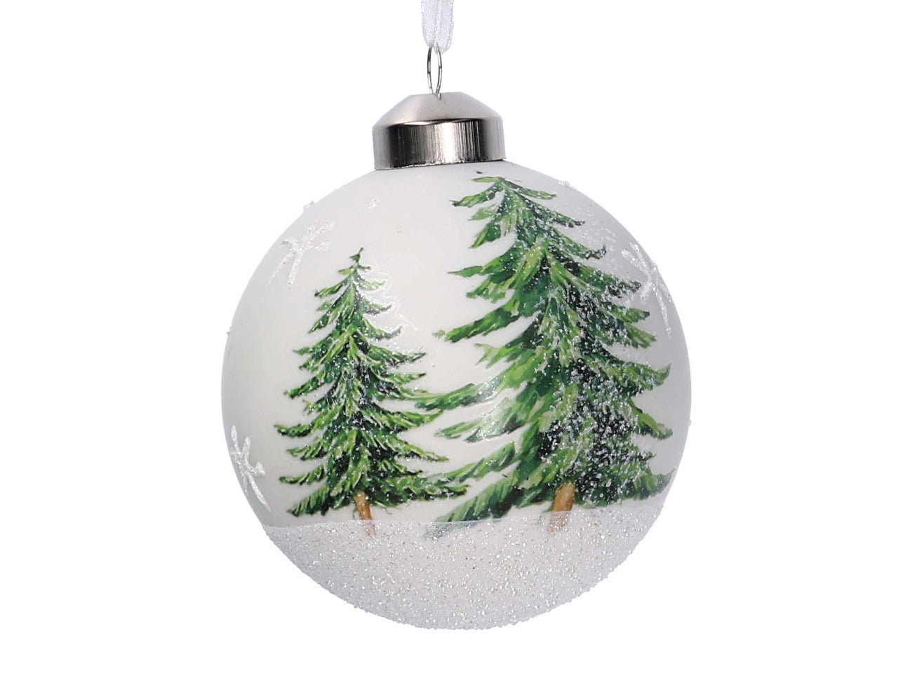 Palla vetro 8cm bianca con alberi innevati