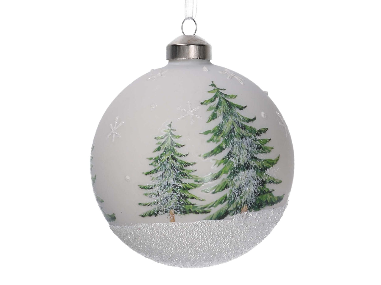 Palla vetro 10cm bianca con alberi innevati