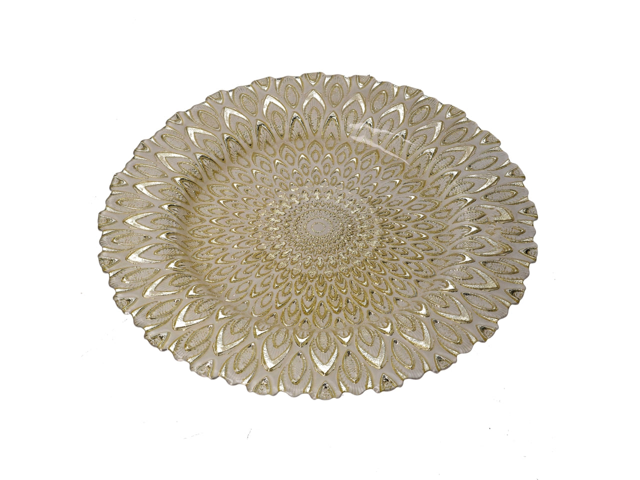 Sottopiatto 33cm vetro piume oro
