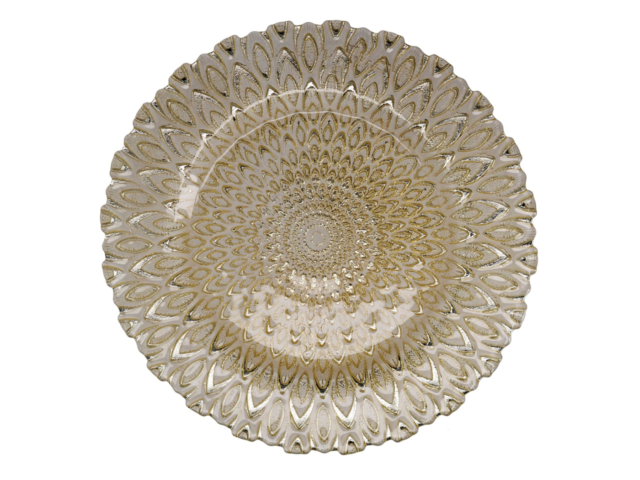 Sottopiatto 33cm vetro piume oro