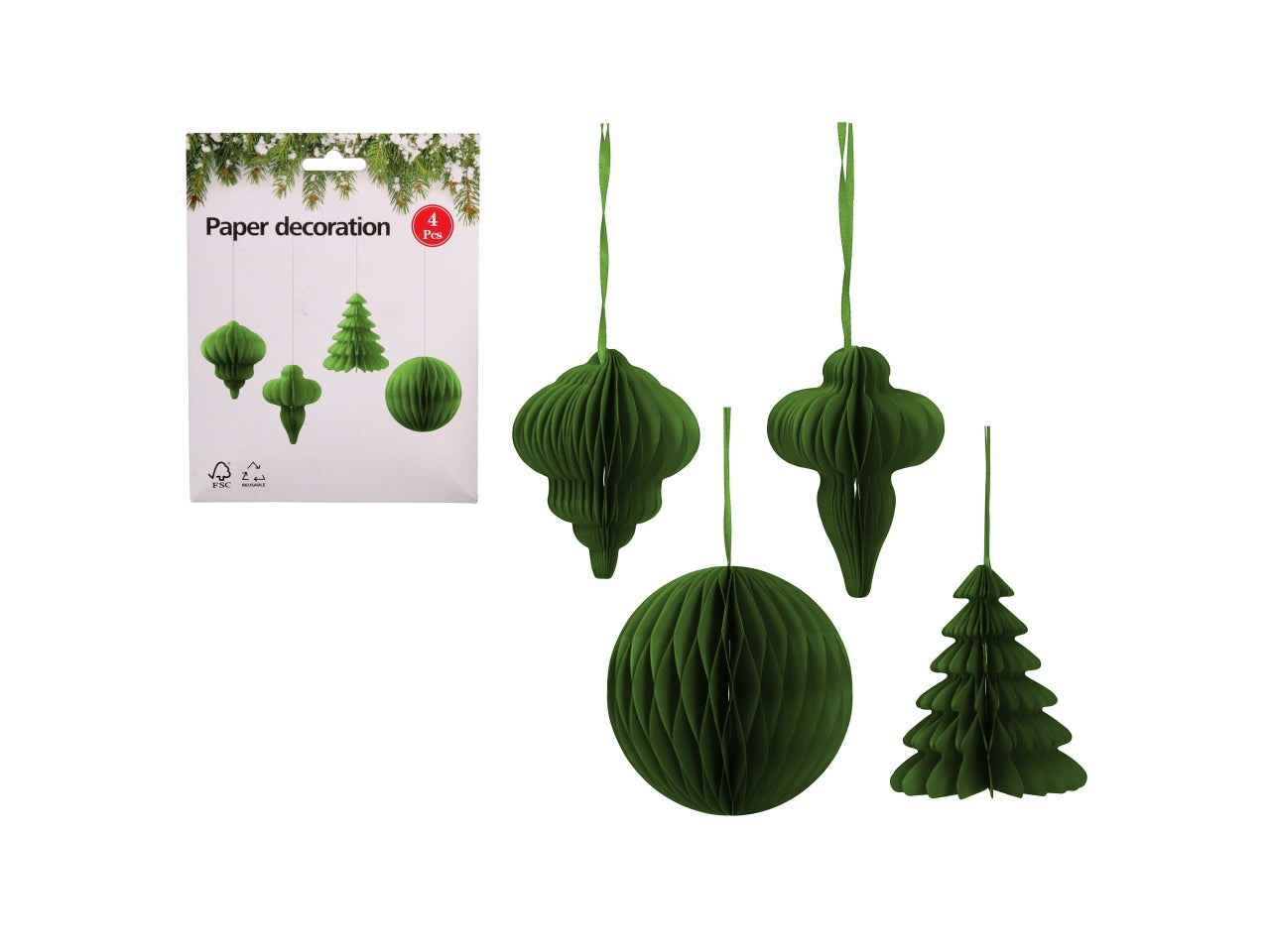 Appendini in carta a nido d'ape 10cm in confezione da 4 pezzi assortiti verdi