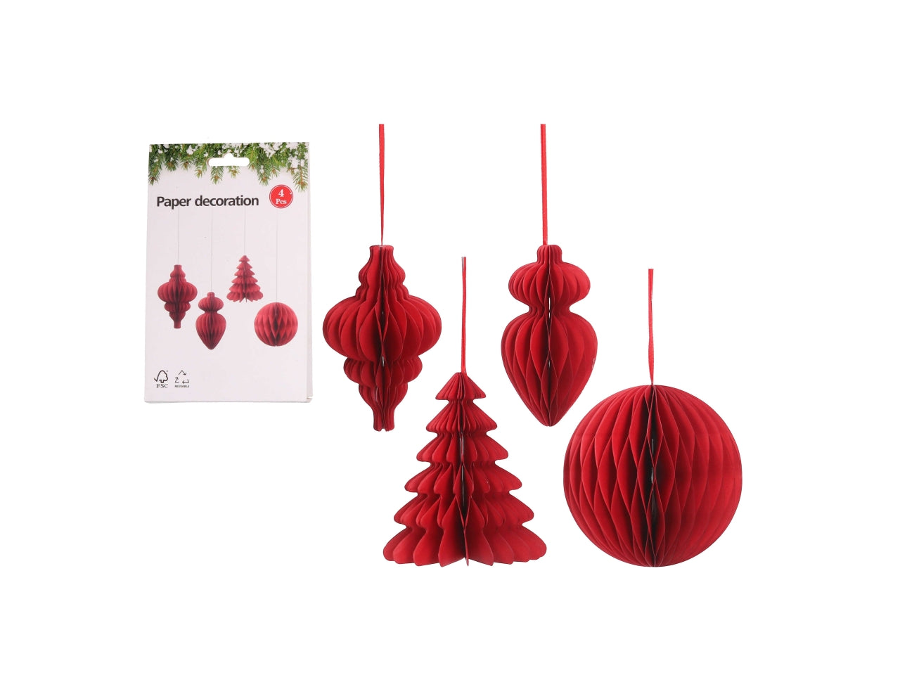 Appendini in carta a nido d'ape 15cm in confezione da 4 pezzi assortiti rossi