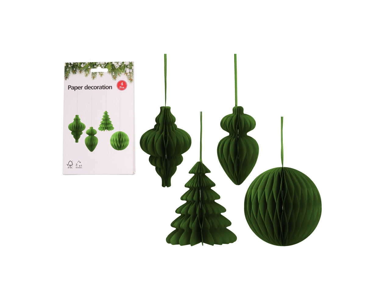 Appendini in carta a nido d'ape 15cm in confezione da 4 pezzi assortiti verdi