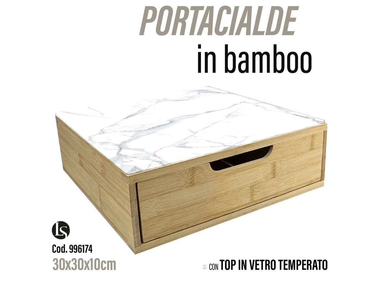 Cassettiera in bamboo+vetro 30x30x10cm