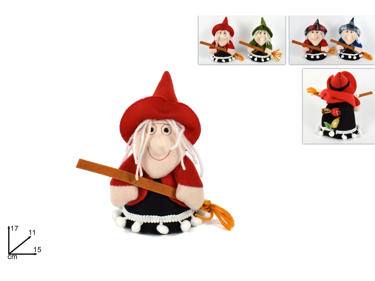 Befana con portacioccolatini 17cm in 4 colori assortiti
