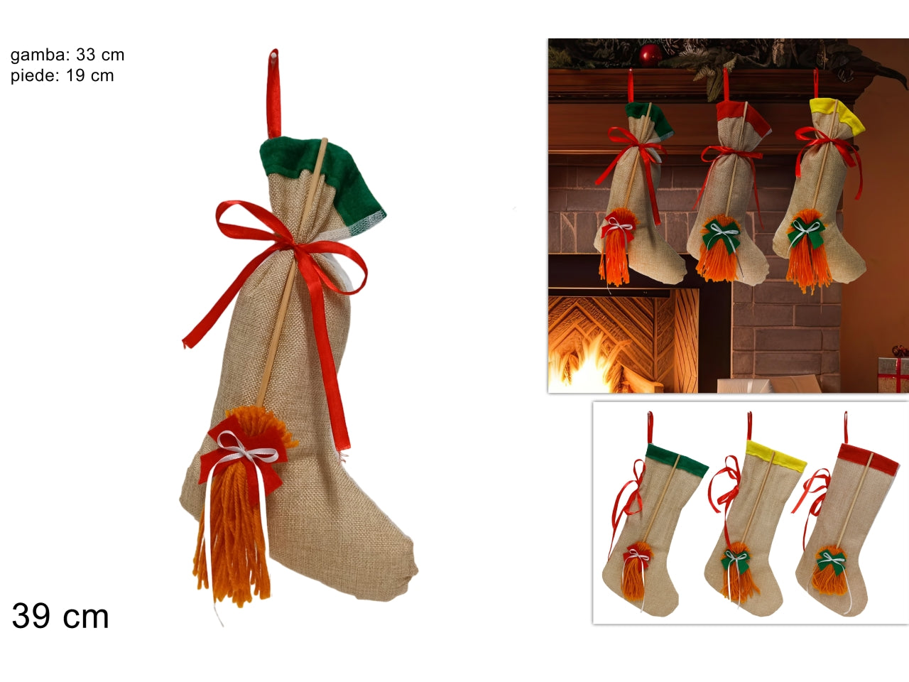 Calza befana juta 39cm con scopa in colori assortiti