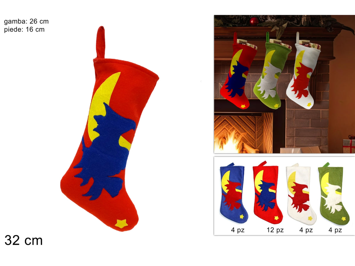 Calza befana con stella e luna 32cm in 4 colori assortiti