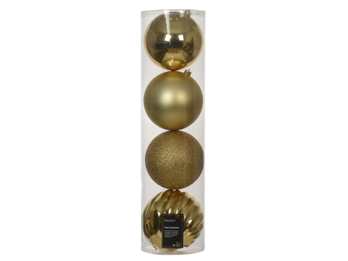 Palla di Natale 14cm in confezione da 4 pezzi oro lucida, opaco e glitter