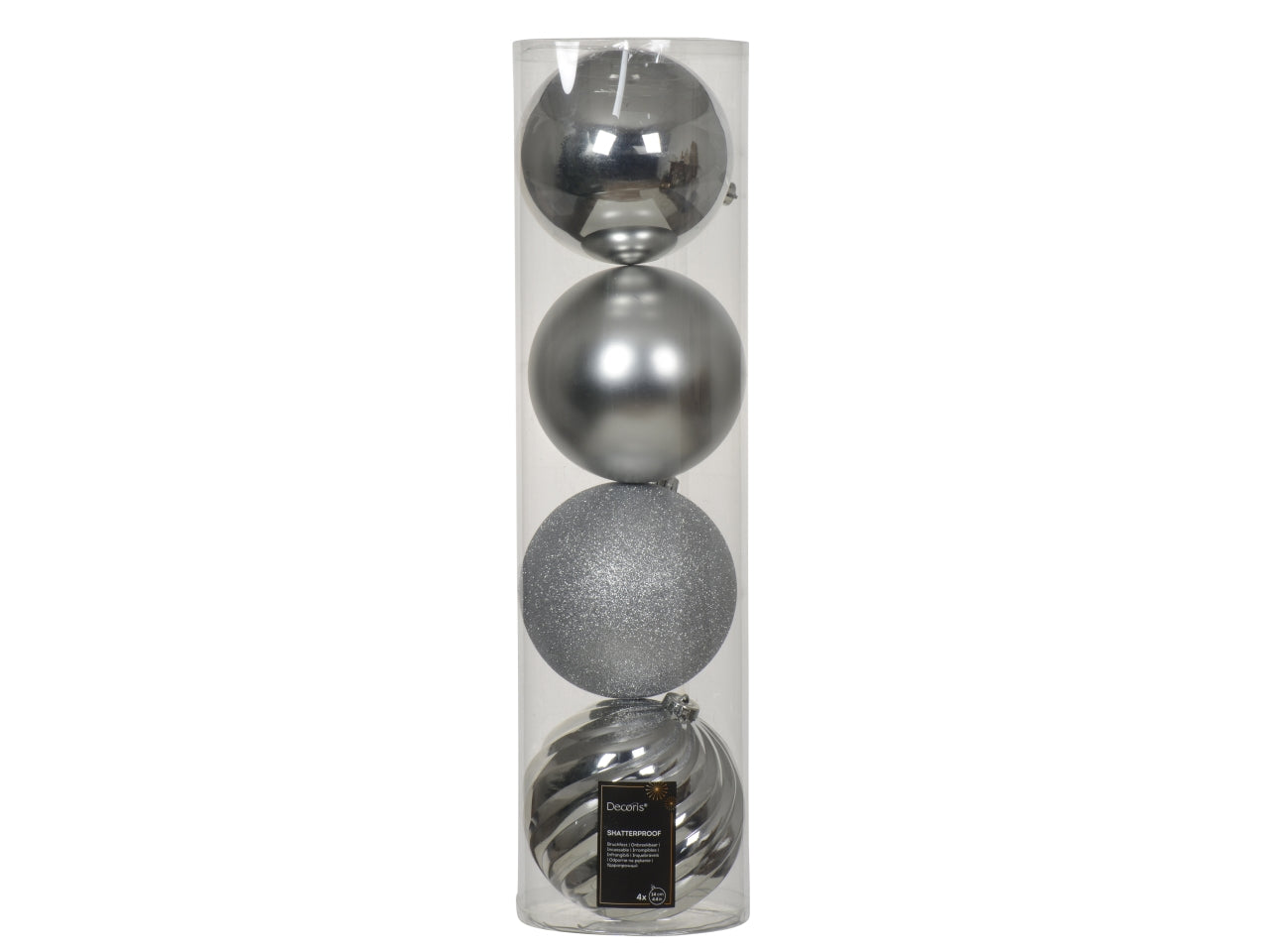 Palla 14cm in confezione da 4 pezzi argento lucida, opaca e glitter