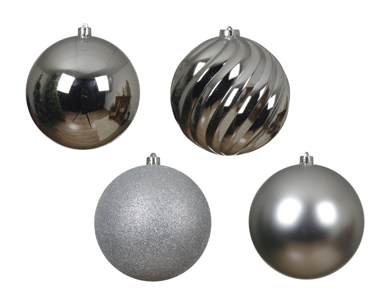 Palla 14cm in confezione da 4 pezzi argento lucida, opaca e glitter