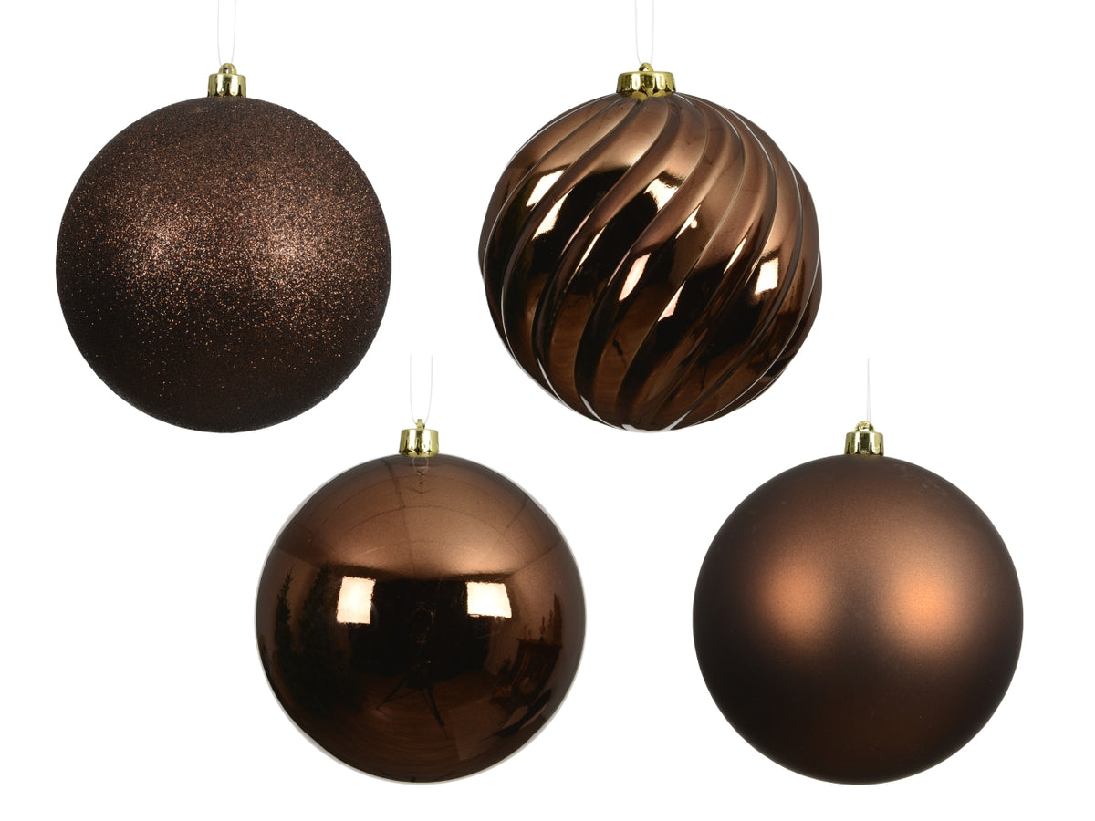 Palla di Natale 14cm in confezione da 4 pezzi marrone lucido, opaco e glitter