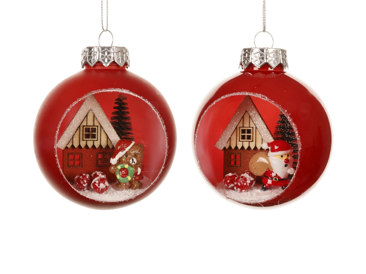 Palla 8cm aperta rossa con babbo natale e orso