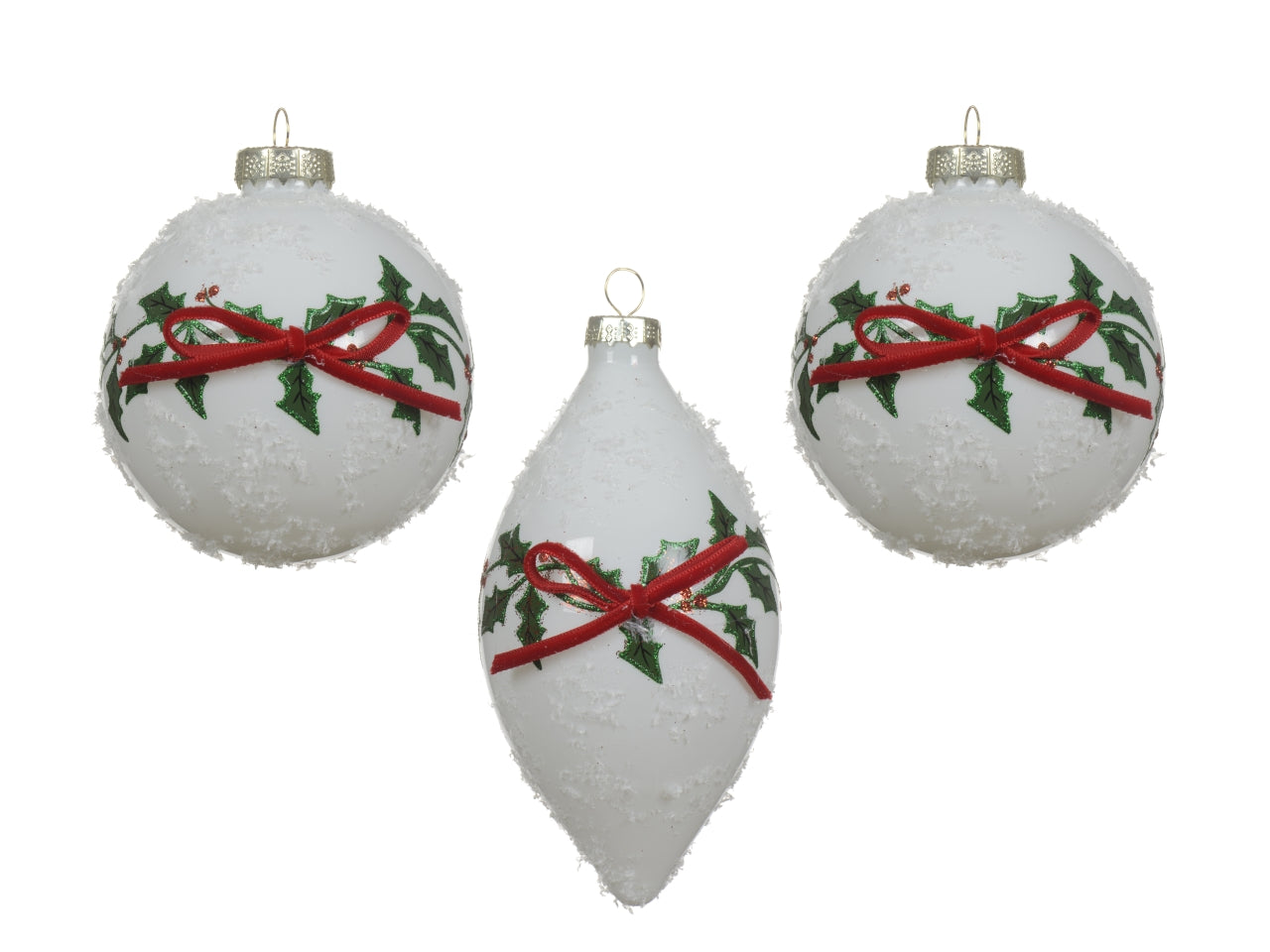 Palla vetro 8cm bianco con agrifoglio assortite