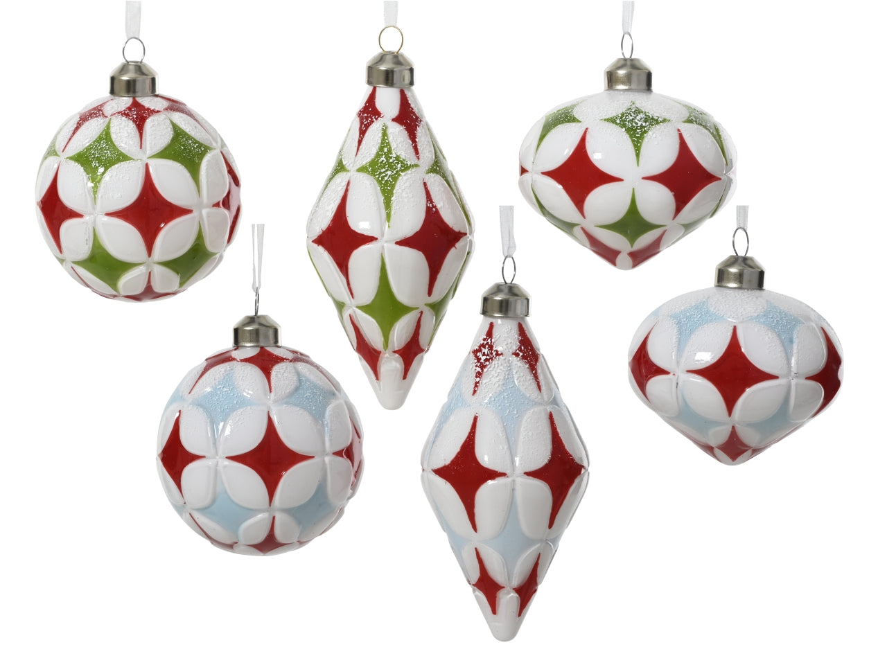 Palla vetro 8cm bianca con rombi in 6 forme assortite
