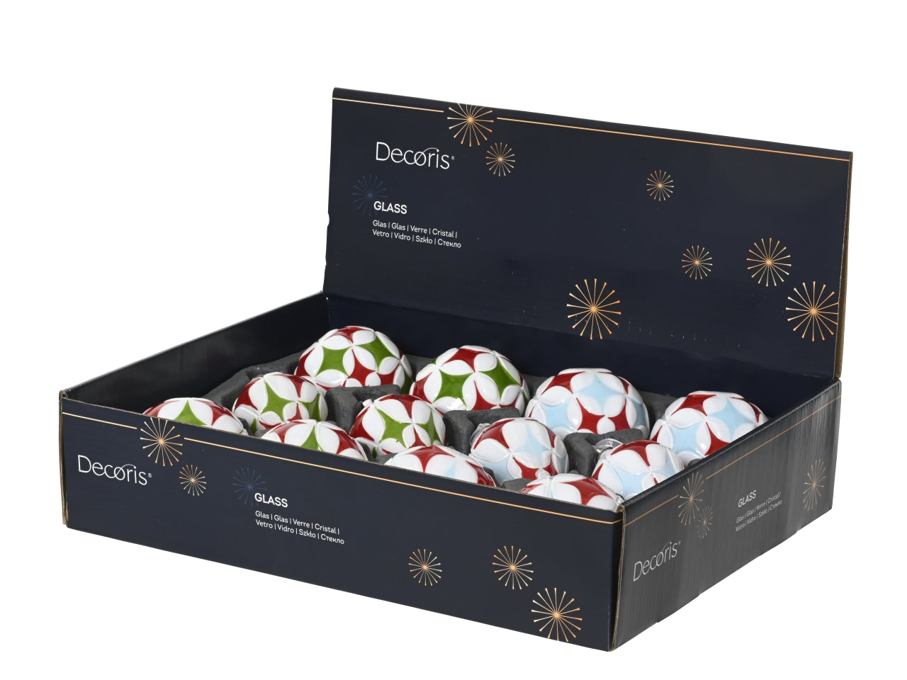 Palla vetro 8cm bianca con rombi in 6 forme assortite