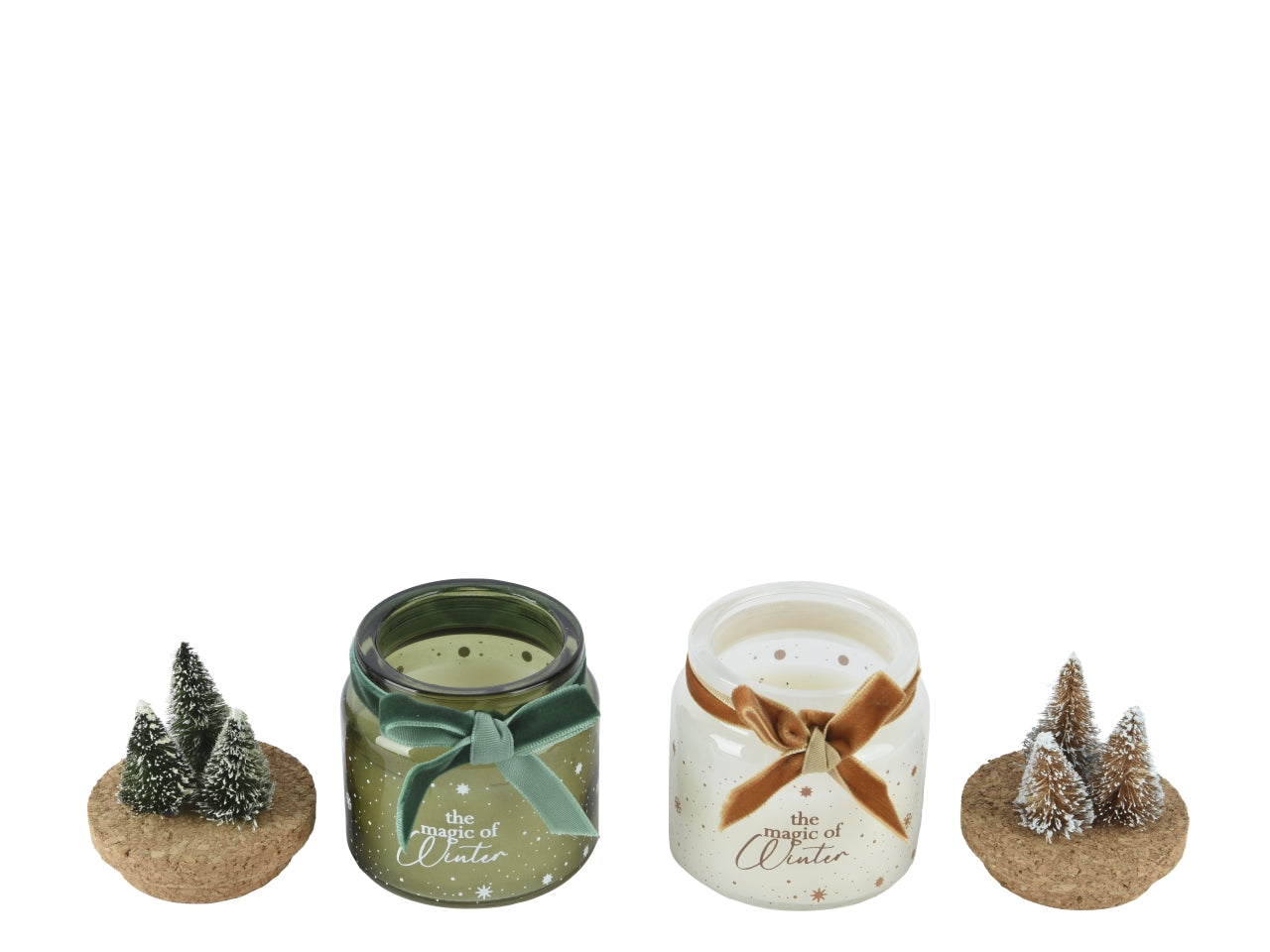 Candela barattolo vetro 6cm e coperchio in sughero con alberi 2 colori assortiti