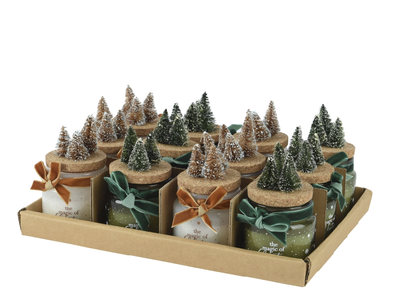 Candela barattolo vetro 6cm e coperchio in sughero con alberi 2 colori assortiti