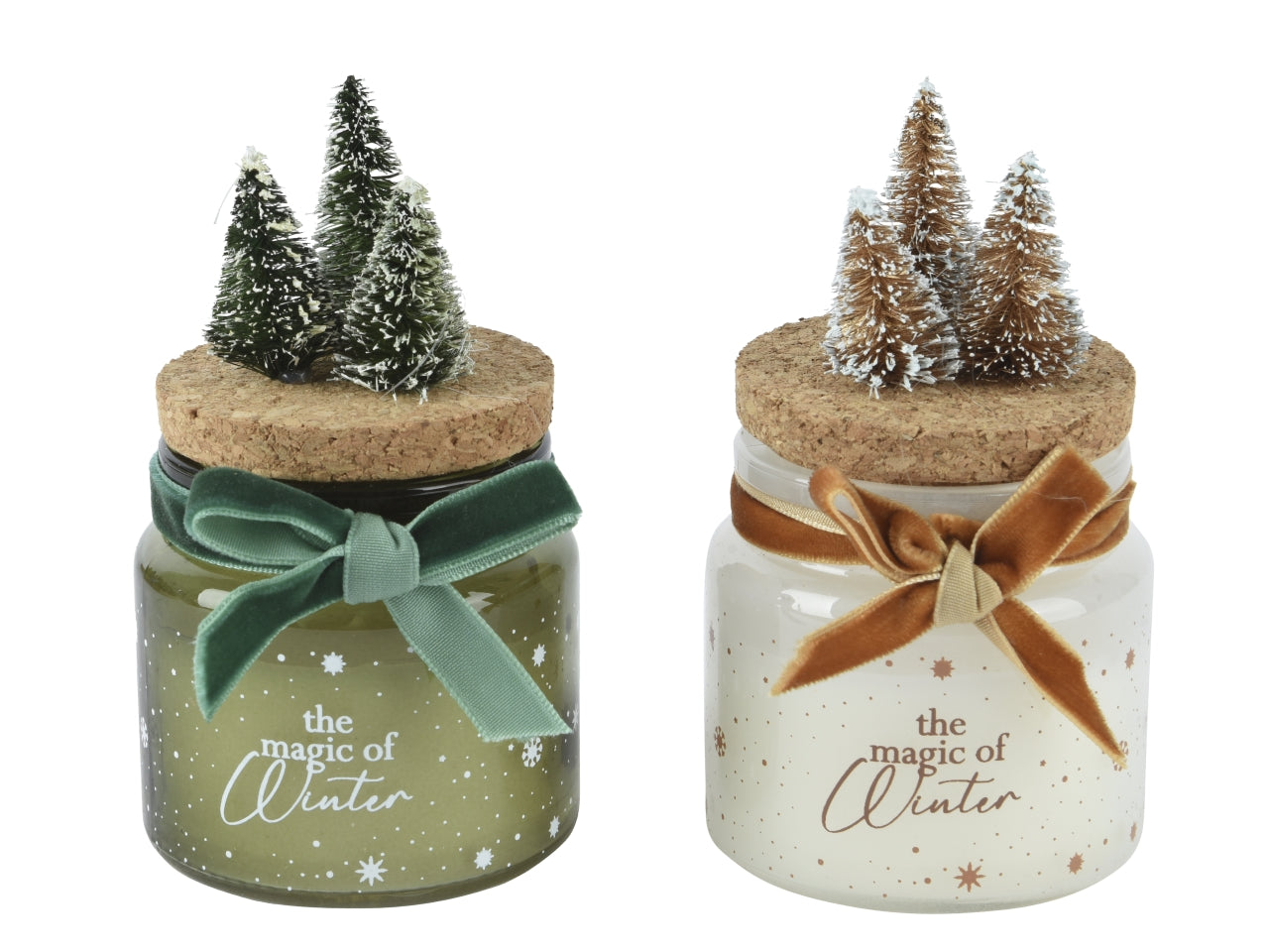 Candela barattolo vetro 6cm e coperchio in sughero con alberi 2 colori assortiti