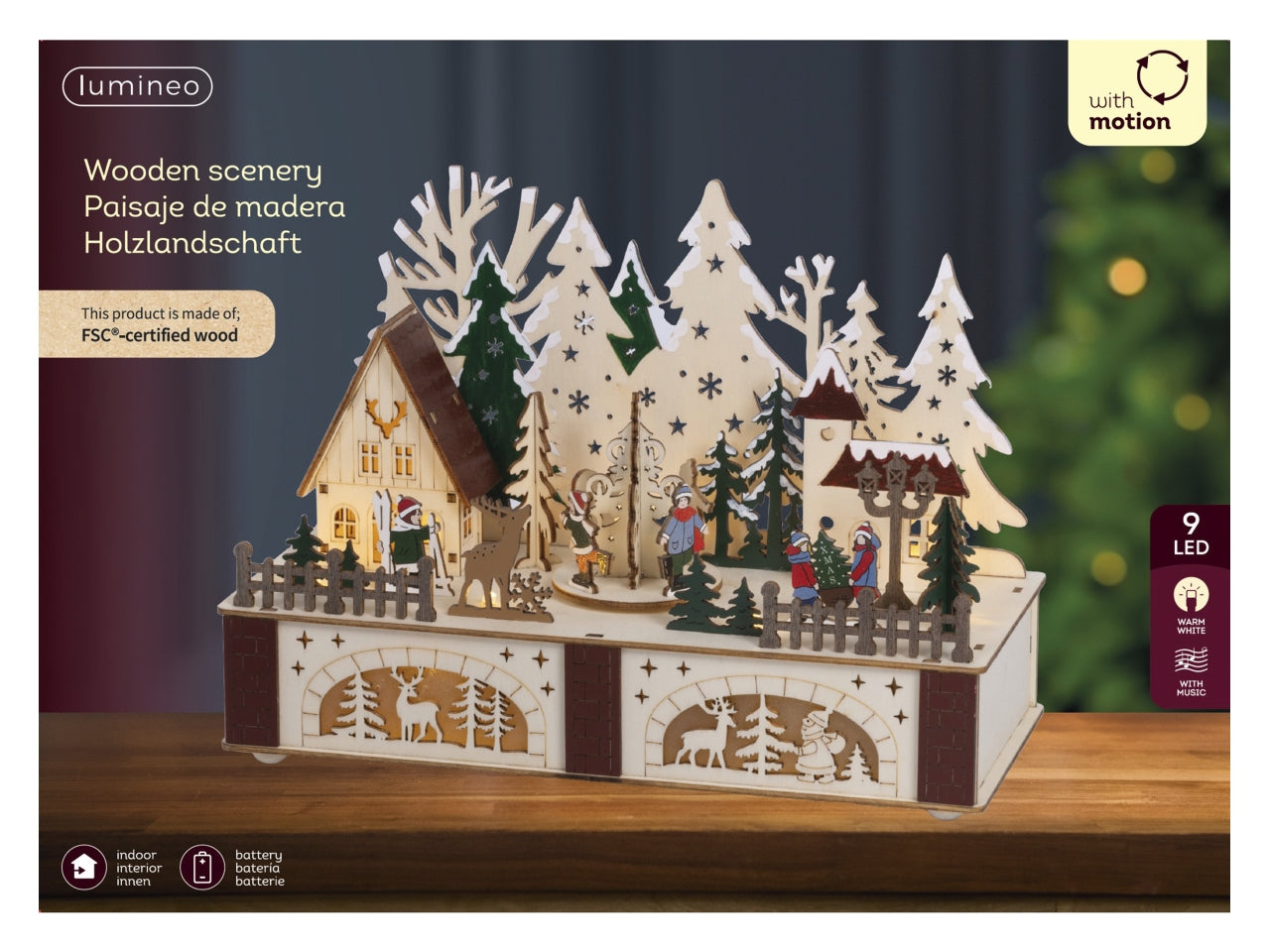 Scenario in legno 12x28x20cm con led e musica a batteria