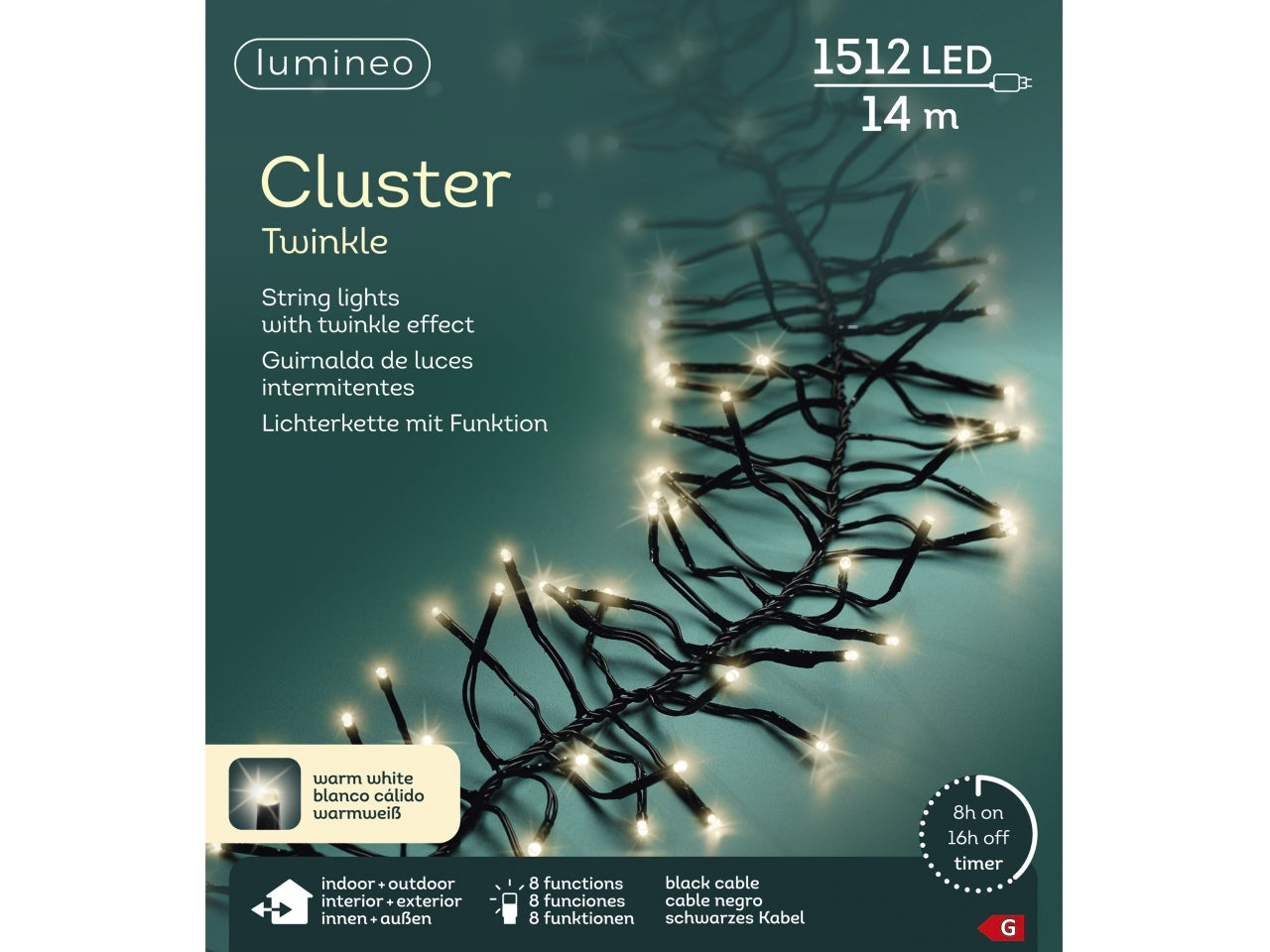 Catena 1512led a grappolo bianco caldo 8 funzioni 14mt con filo nero per uso interno/esterno