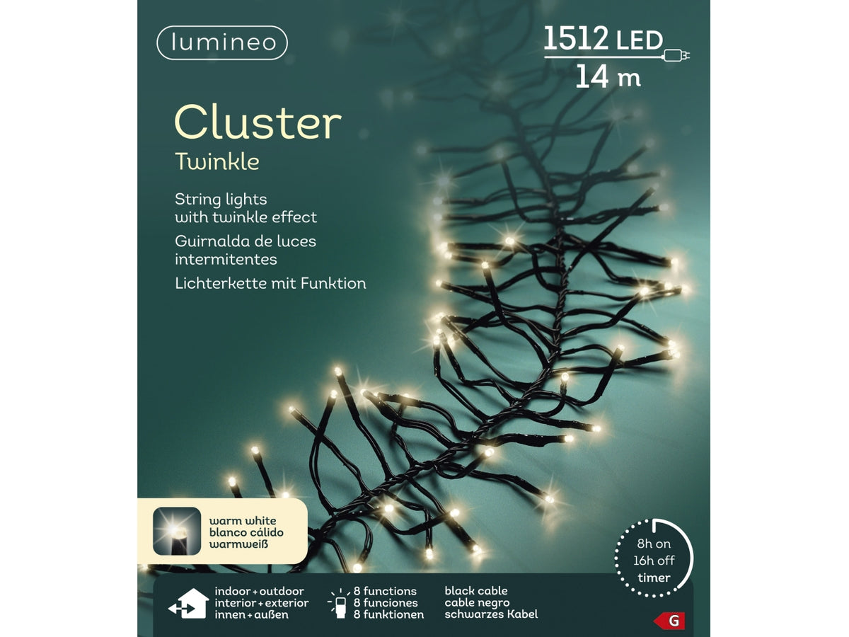Catena 1512 cluster a grappolo bianco caldo 8 funzioni 14mt con filo nero per uso interno/esterno