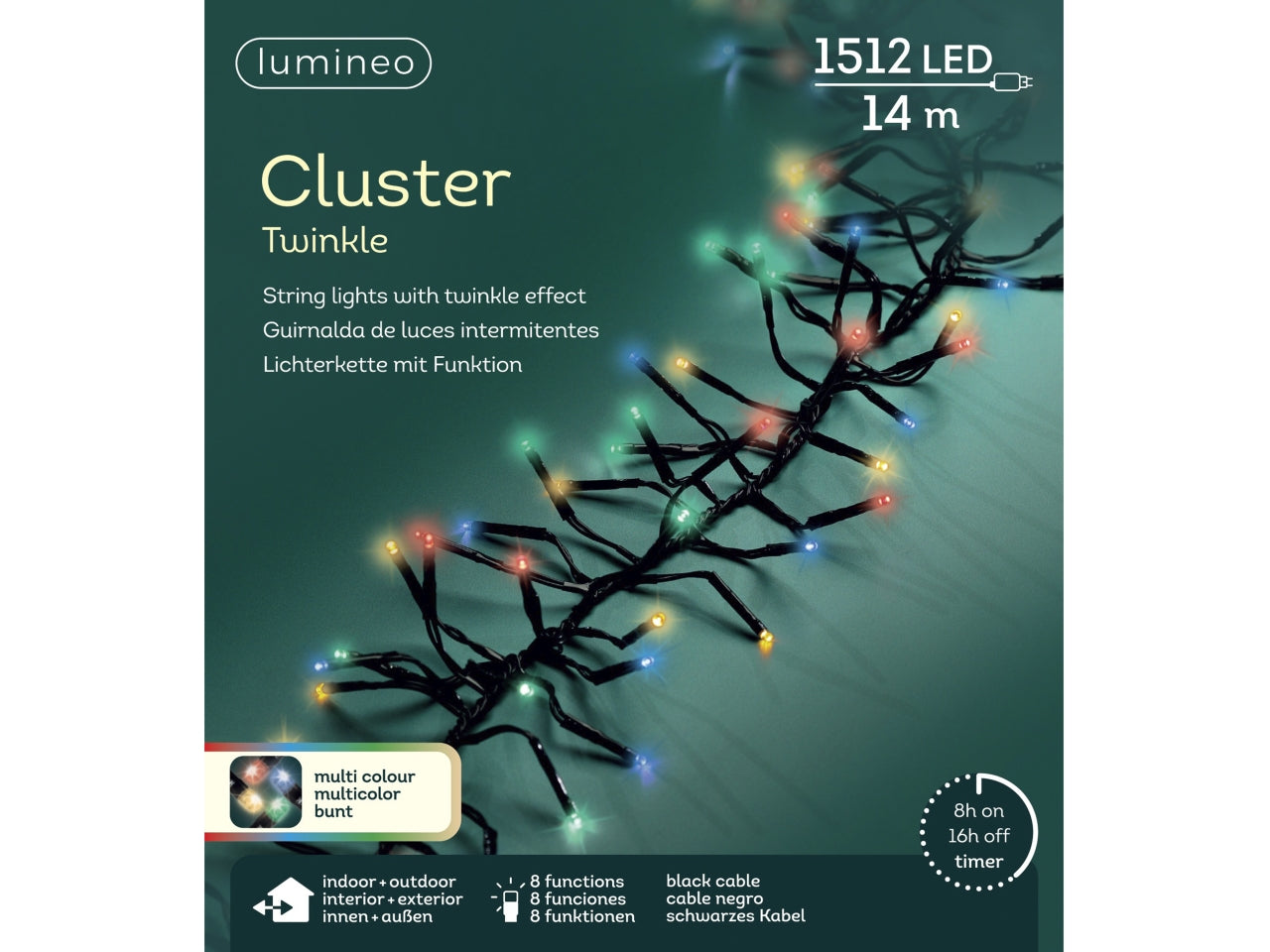 Catena 1512led a grappolo multicolor 8 funzioni 14mt con filo nero per uso interno/esterno