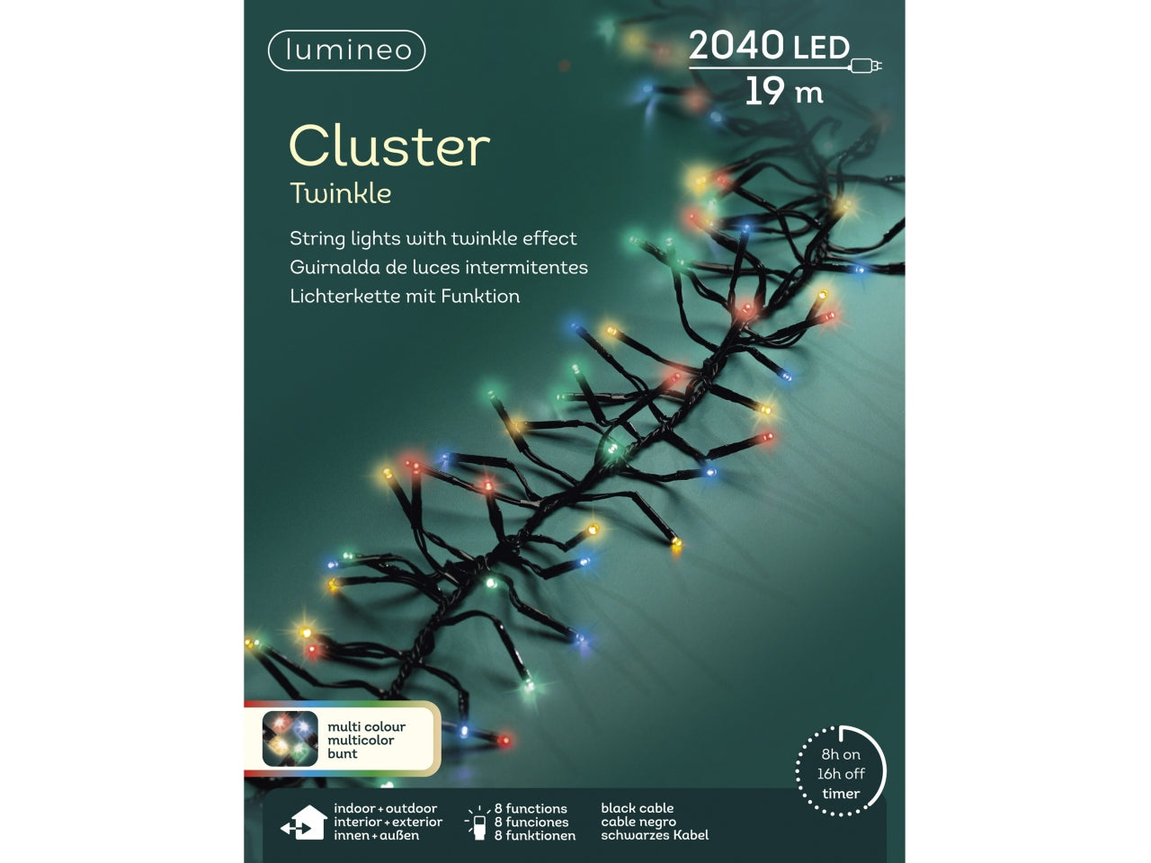 Catena 2040led grappolo multicolor 8 funzioni 19mt con filo nero per uso interno/esterno