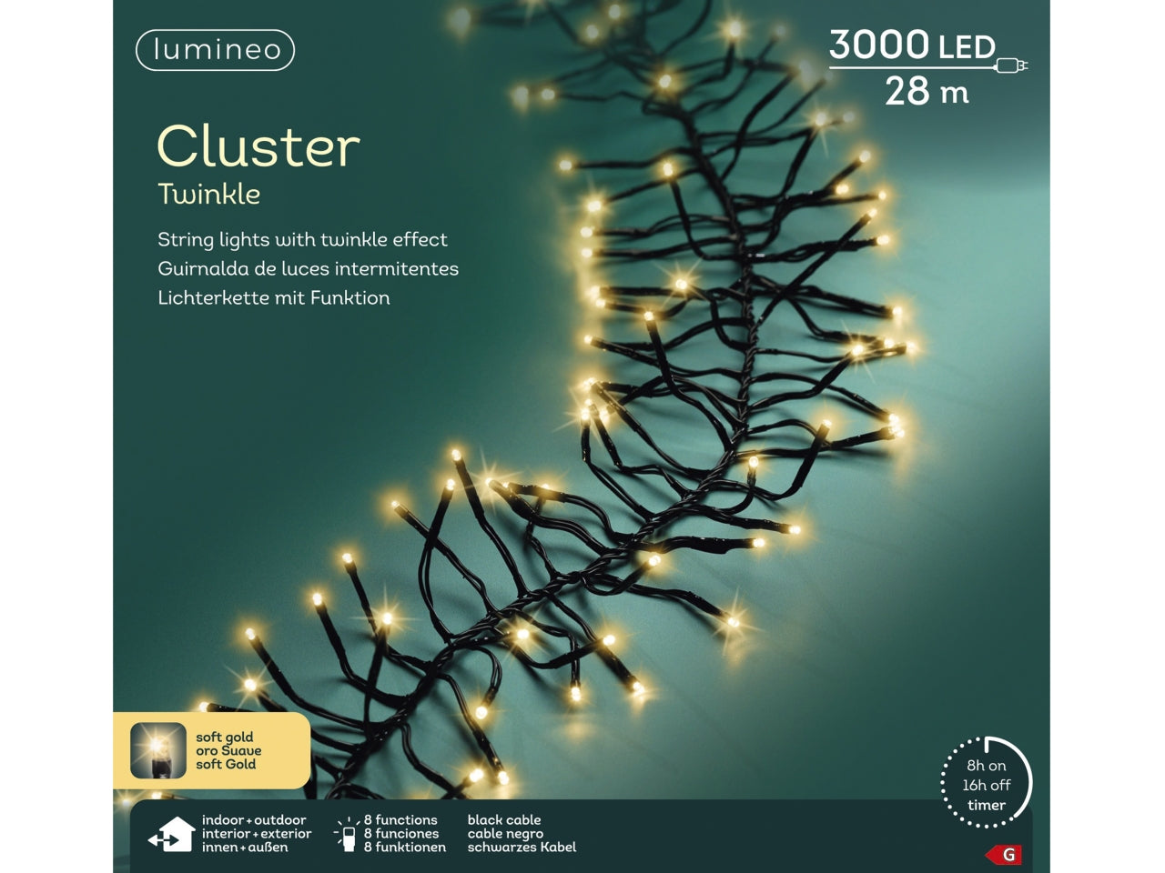 Catena luci 3000led a grappolo oro soft 8 funzioni 28mt filo nero per uso interno/esterno