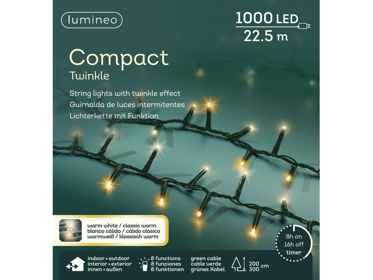 Catena luci 1000led bianco caldo e bianco freddo 8 funzioni 22,5mt filo verde per uso interno/esterno