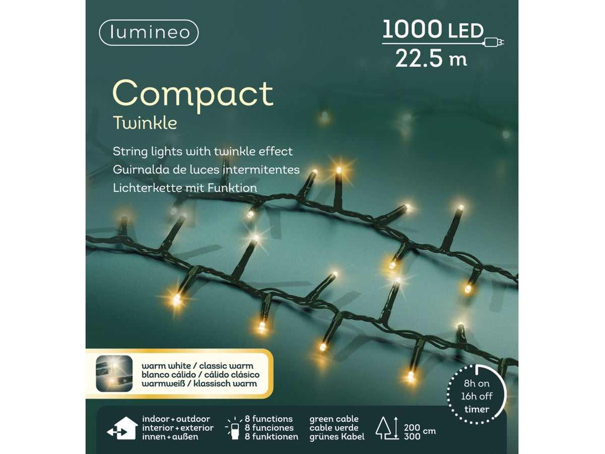 Catena luci 1000led bianco caldo e bianco freddo 8 funzioni 22,5mt filo verde per uso interno/esterno